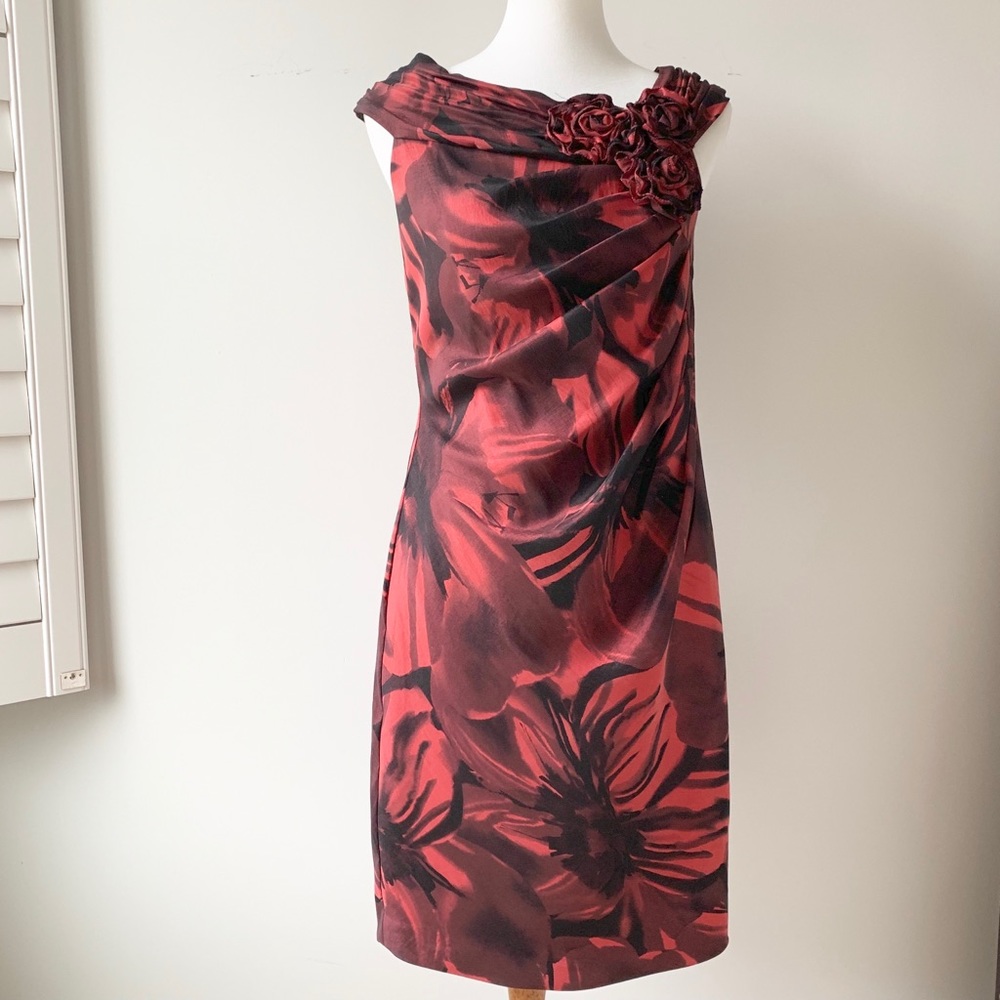 Adrianna Papell Red & Black Floral Fitted Dress Size 8